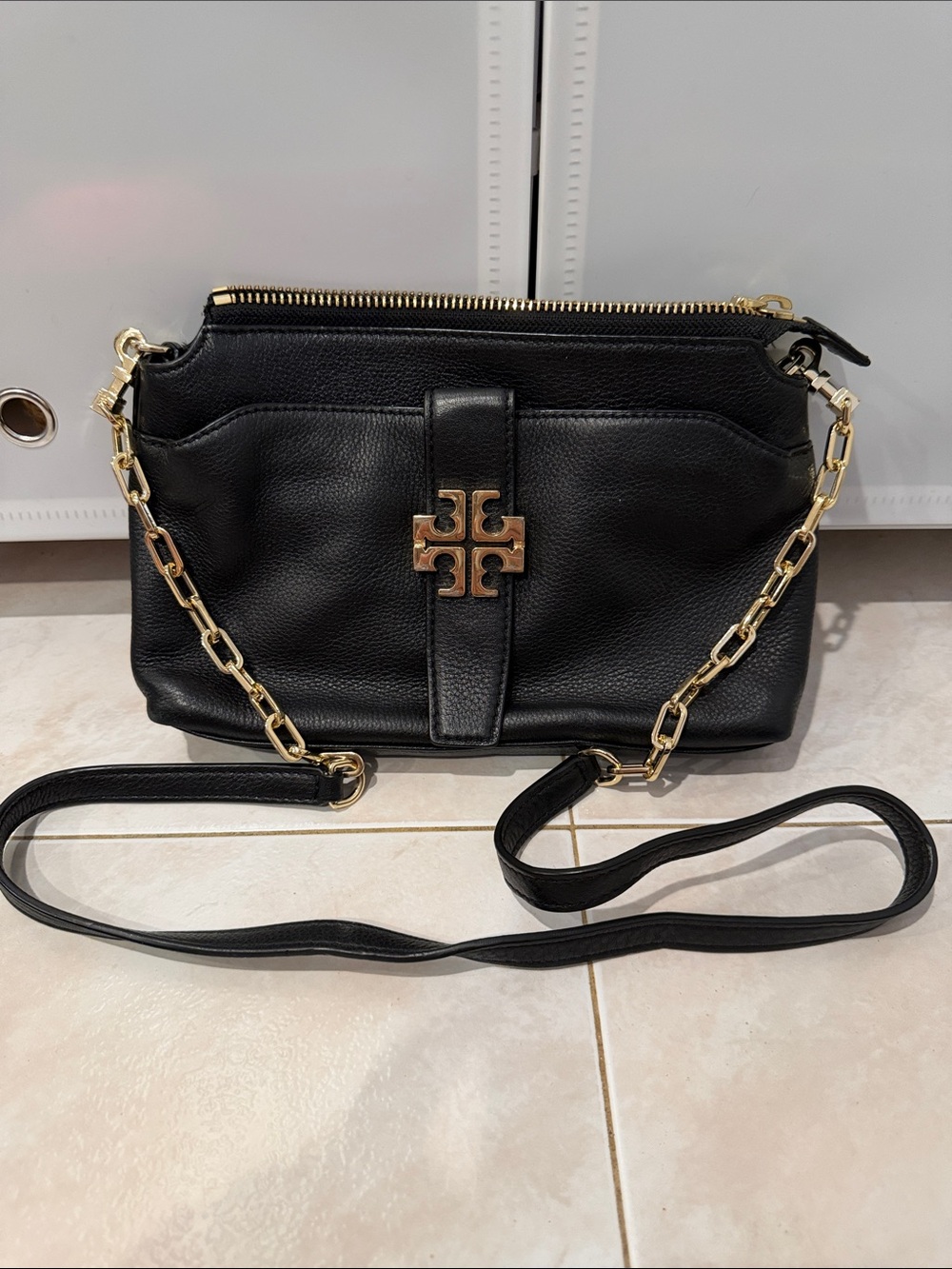 Tory Burch Black Leather Crossbody with Gold Logo and Chain